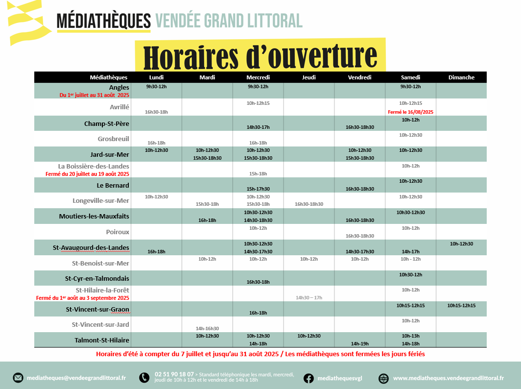 Tableau horaires été 2025